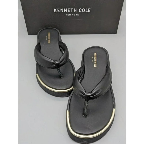 KENNETH COLE NEW YORK ATHENS TONG BLACK LEATHER FLATFORM SANDALS Size 7.5 - Picture 3 of 7